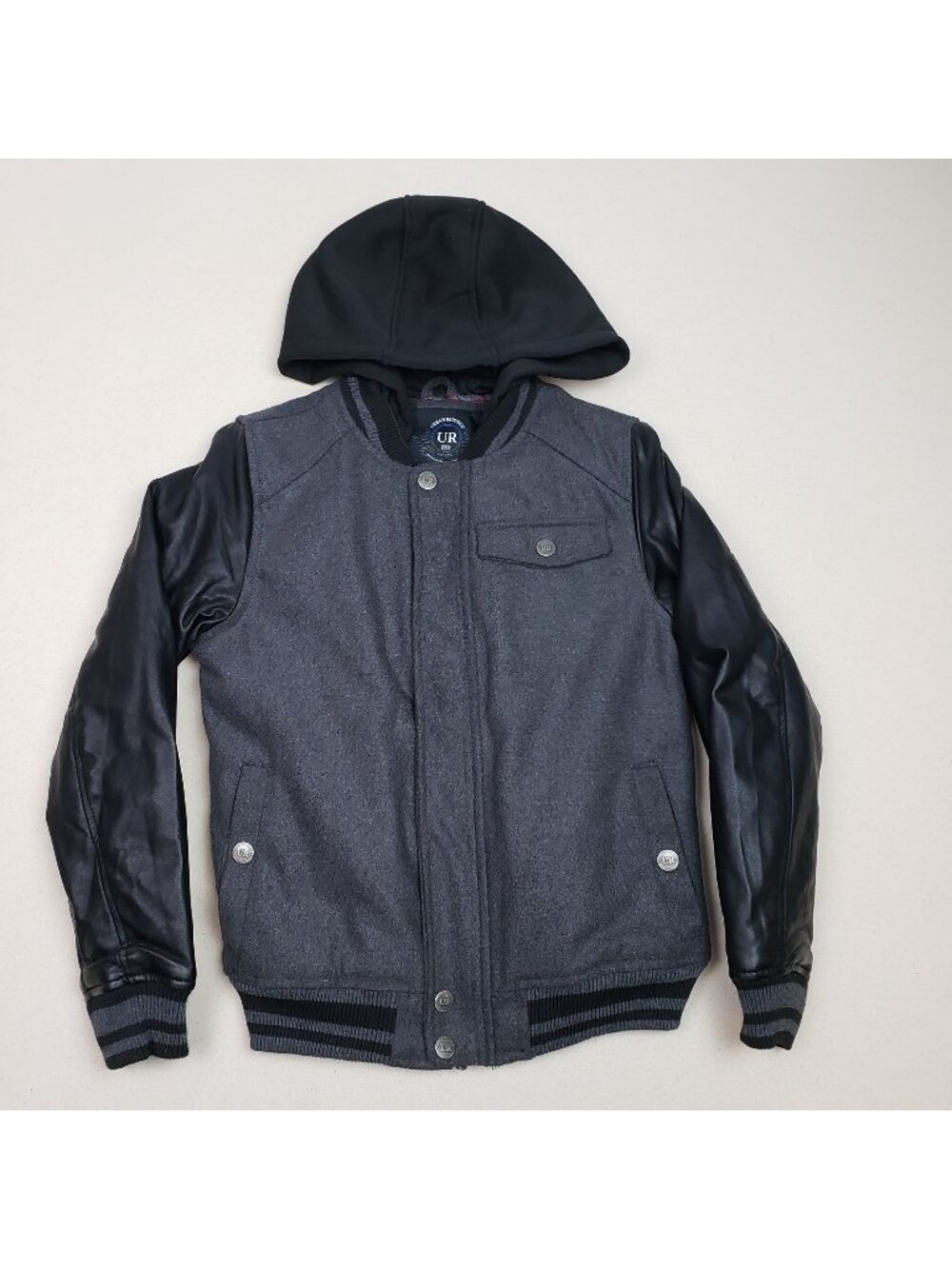 Urban Republic Faux Leather Black Hooded Varsity Lined Full Zip Sz YL Jacket NWT